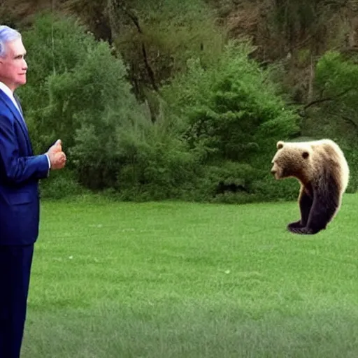 Image similar to a presidential debate between Jerome Powell and A bear