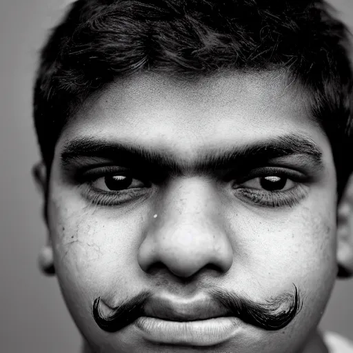 Image similar to close - up portrait photograph of a large teenage indian male with black eyes, a big mouth, chubby facial features, a messy stubble and thin moustache, and short touselled black hair, highly detailed, anatomically correct features,