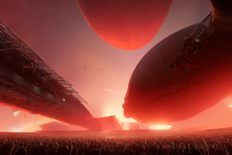 Image similar to meteorites fall from the red sky upon a crumbling football stadium, crowds panic, cinematic lighting by Jessica Rossier, stunning volumetric lighting, photorealistic, hyper detailed, unreal engine 5, IMAX quality, cinematic, epic lighting