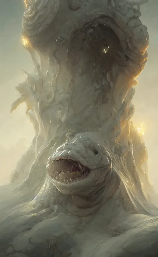 Image similar to portrait of a gigantic white monstrosity, a fat tank monster made of melted white bodies, concept art, deep focus, fantasy, intricate, highly detailed, digital painting, artstation, matte, sharp focus, illustration, art by artgerm and greg rutkowski and alphonse mucha