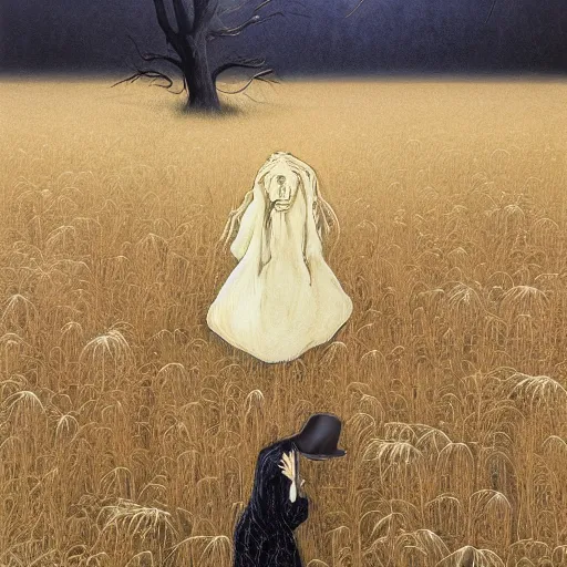 Prompt: slenderman, tan by elliott erwitt, by martin wittfooth aesthetic, highly detailed. a land art of a woman standing in a field of ashes, her dress billowing in the wind. her hair is wild & her eyes are closed, in a trance - like state. dark & atmospheric, ashes seem to be alive, swirling around.