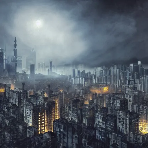 Prompt: megacity, kowloon walled city, hive city, dystopian endless, intricate, complex, labyrinthine, byzantine, tangled, matte painting, smoke, fog, night, gloomy, dark, dramatic, cinematic, volumetric lighting, gods eye view