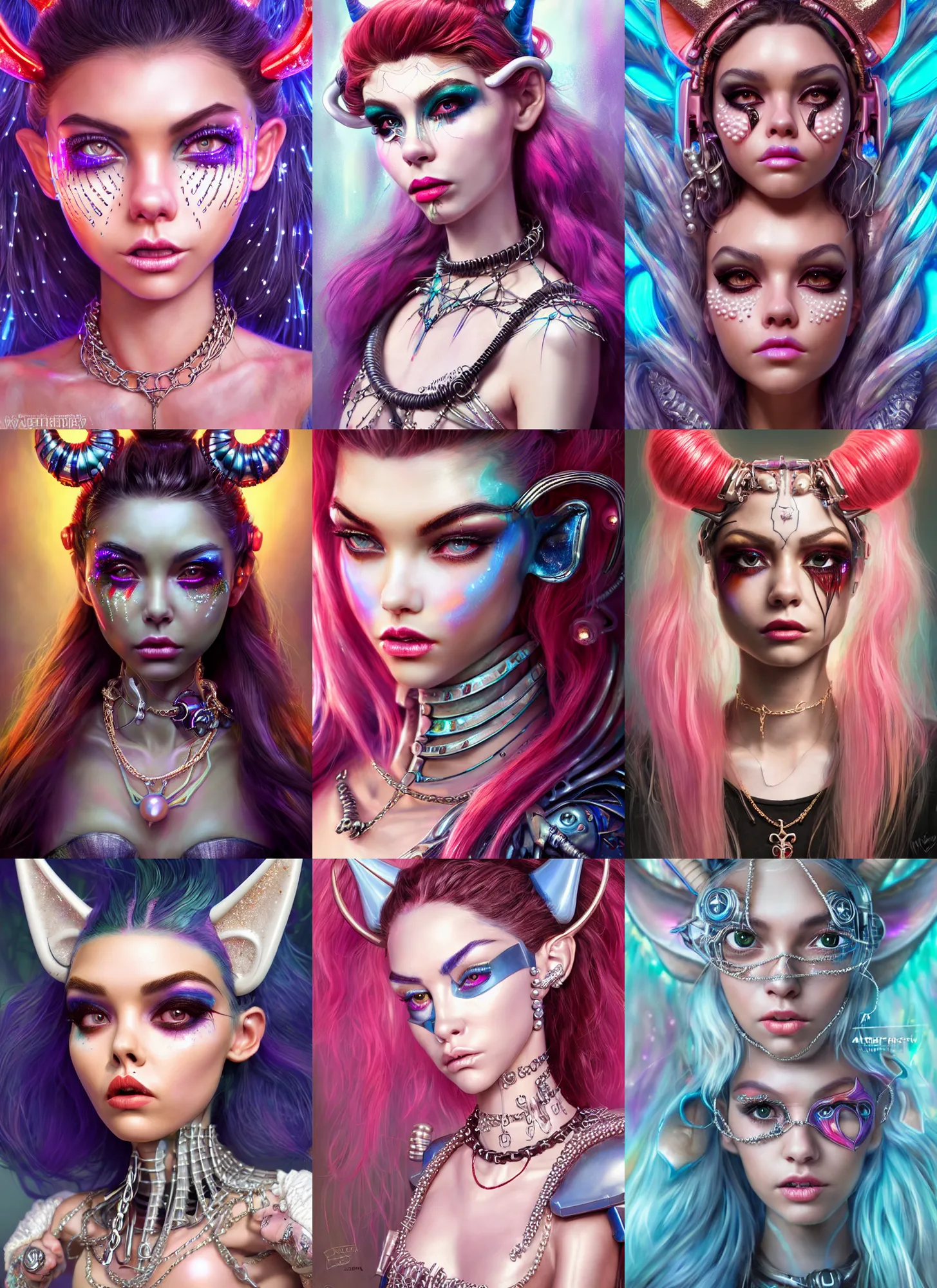 Prompt: disney weta portrait, beautiful gloss porcelain white edm raver clowncore pearl chain horned angel madison beer cyborg woman, bling, sci - fi, fantasy, cyberpunk, intricate, decadent, highly detailed, digital painting, ever after high, octane render, artstation, concept art, smooth, sharp focus, illustration, art by artgerm, loish, wlop