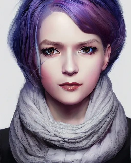 Image similar to ambient occlusion portrait of a woman with white hair and a scarf around her neck, with cute - fine - face, pretty face, multicolored hair, realistic shaded perfect face, fine details by realistic shaded lighting poster by ilya kuvshinov katsuhiro otomo, magali villeneuve, artgerm, jeremy lipkin and michael garmash and rob rey
