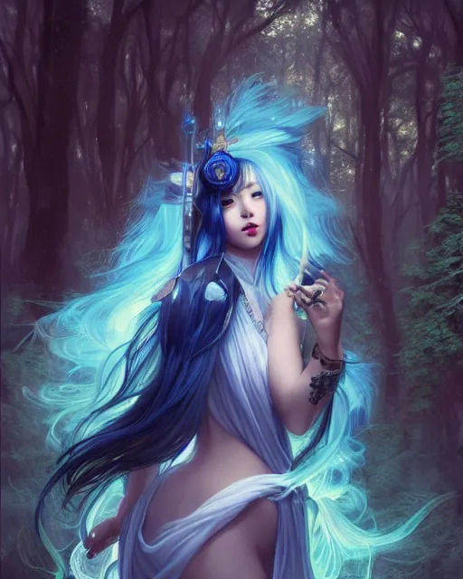 Image similar to stunningly beautiful female blue hair, cute korean actress, dj sura, fantasy art, fae priestess, lush dark forest landscape, fireflys at night, sharp focus, digital painting, 8 k, concept art, art by wlop, artgerm, greg rutkowski and alphonse mucha