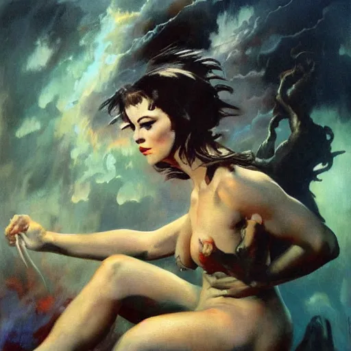 Prompt: ultra realistic portrait painting of a demon girl in hell, art by frank frazetta, vintage levi ’ s ad, stormy weather, dark vibes, 4 k, ultra realistic, highly detailed, epic lighting