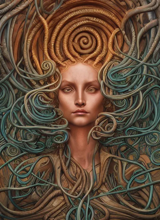 Image similar to medusa, wooden art nouveau swirls, strong subsurface scattering, cables, tubes, subsurface scattering, in the style of james jean and tomasz alen kopera and ross draws, subsurface scattering, mystical colors, rim light, soft lighting, 8 k, stunning scene, raytracing, octane render, trending on artstation