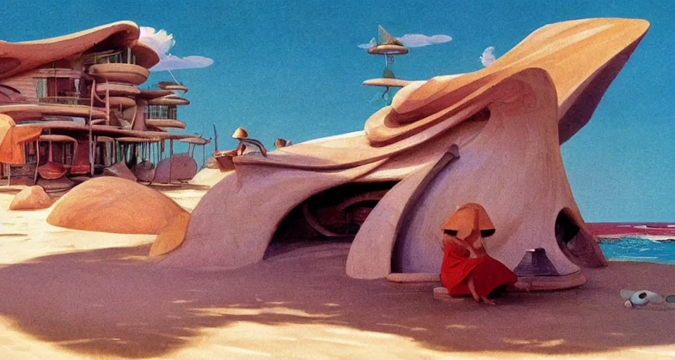 Image similar to seashell house where a hermit girl lives, atmospheric cinematography by syd mead and emmanuel lubezki