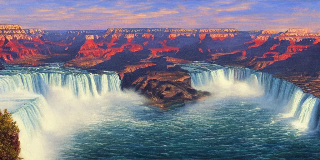 Image similar to Grand Canyon, Niagara Falls, cinematic lighting, detailed oil painting, hyperrealistic, 8k