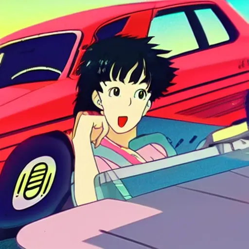 Prompt: girl driver her car in sunset, sprite, vaporwave nostalgia, directed by beat takeshi, visual novel cg, 8 0 s anime vibe, kimagure orange road, maison ikkoku, initial d, sketch by osamu tezuka, directed by hideki anno