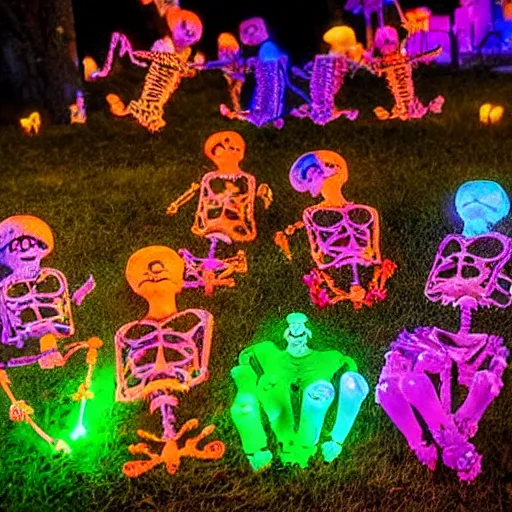 Prompt: skeletons have a night party at the cemetery, with drinks and food. The cemetery is decorated with colorful lights. They are dancing. As photograph. Cinematic. High angle. Overhead shot.