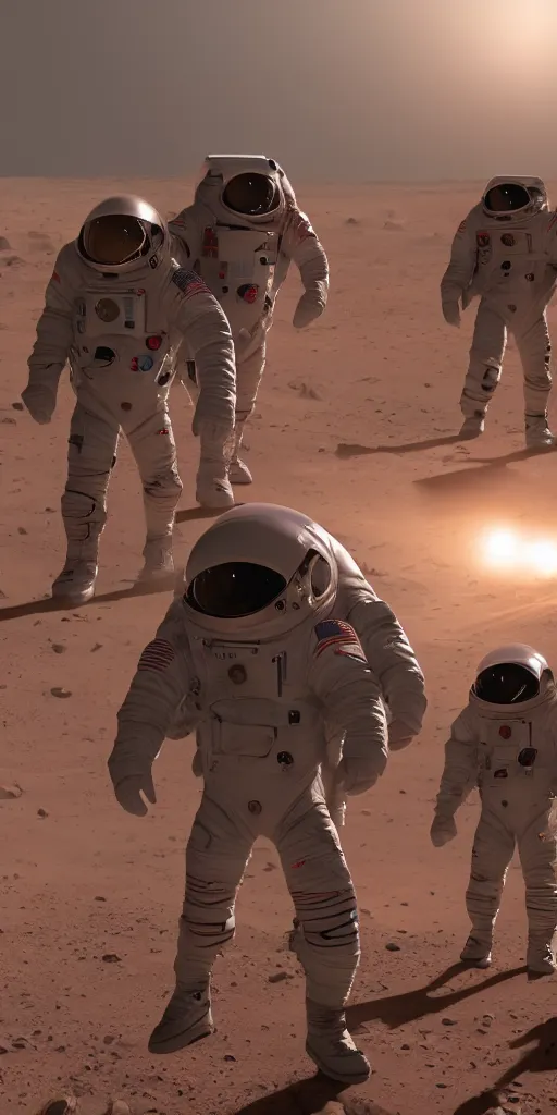Image similar to concept art, american astronauts landing on mars, musk's mars migration program, new lightweight spacesuit, backlight, epic, high detail, 8 k, octane rendering, unreal engine.