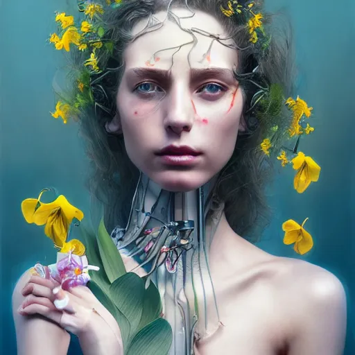 Image similar to a beautiful fine art portrait photo of a resting futuristic cyborg, wavy hair spread out, surrounded by hibiscus, daffodils, moth orchids, montsera leaves by tom bagshaw and zach sutton, soft lighting, very detailed, bionic, robotic, deep depth of field, artstation, 4K