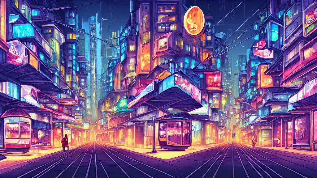 Image similar to street view of the city at night by cyril rolando and naomi okubo and dan mumford and zaha hadid. flying cars. advertisements. neon. tram.