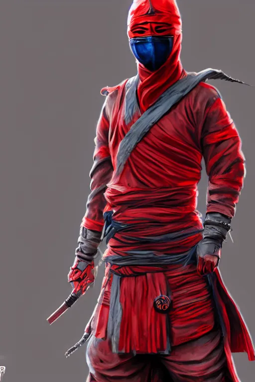 Prompt: full body westword host dressed like shinobi ninja, focused stare, partially masked, highly detailed, photobash, photorealistic render, trending on artstation, character design, red background, cinematic lighting