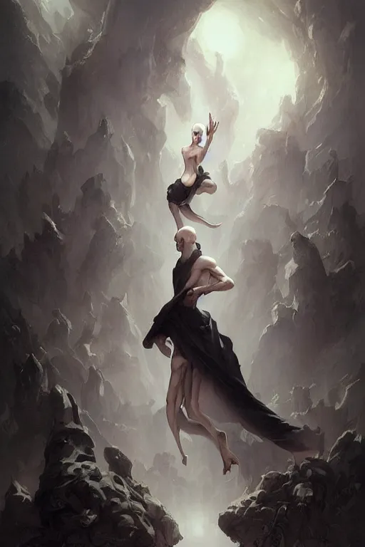 Prompt: a humanoid creature of pure imagination with pale white skin and a gaunt face. the creature is bald. it is wearing a black flowing cloak that looks like mist. art by peter mohrbacher.