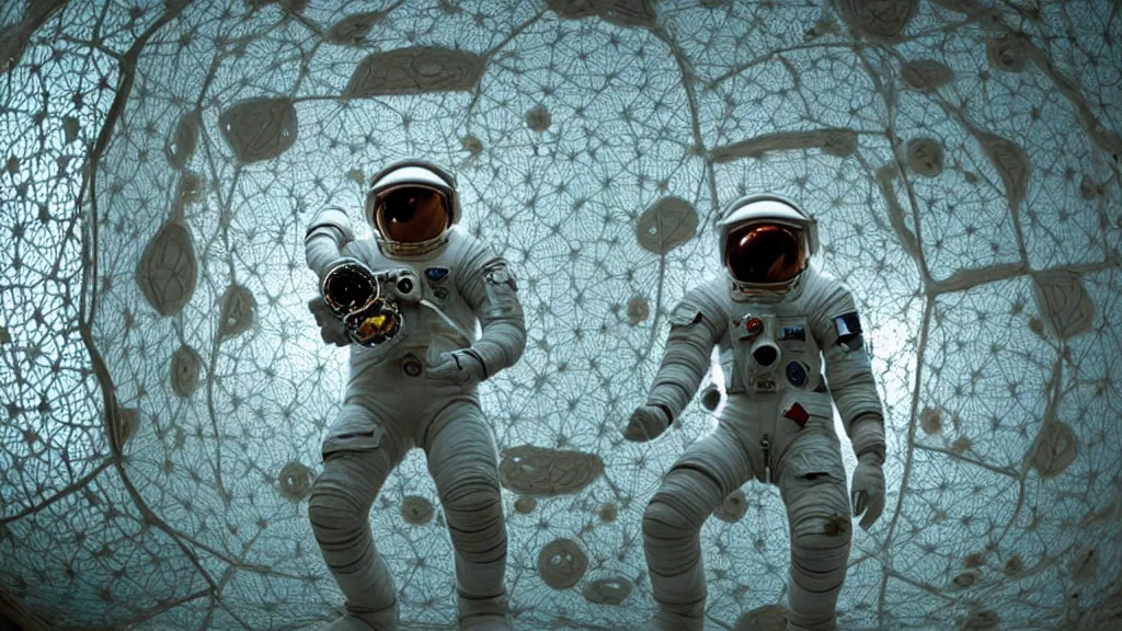 Image similar to a single astronaut eva suit interwoven with diamond 3d fractal lace iridescent bubble 3d skin and covered with insectoid compound eye camera lenses floats through the living room, film still from the movie directed by Denis Villeneuve with art direction by Salvador Dalí, wide lens,