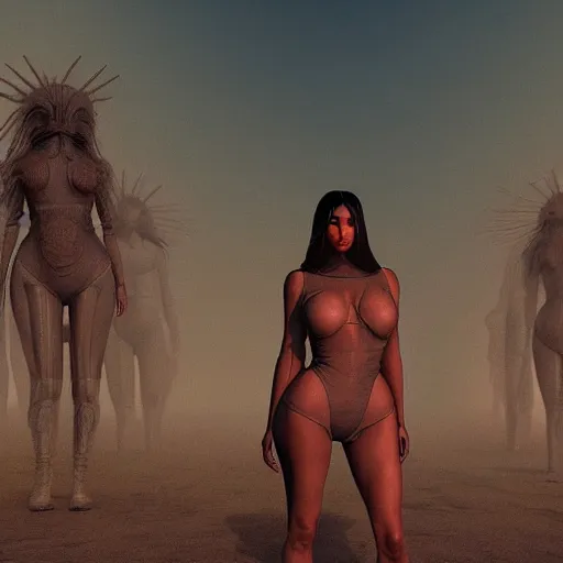 Prompt: Kim Kardashian at dystopian Coachella, by zdzislaw beksinski and Ridley Scott, detailed lighting, high quality, sharp focus, intricate, octane render, unreal engine 5, artstation, 4k, 25mm film grain