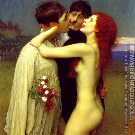 Prompt: Vampiric Good Evening! in the style of Auguste Toulmouche, Edgard Maxence, Eugene de Blaas, 1885, oil on canvas