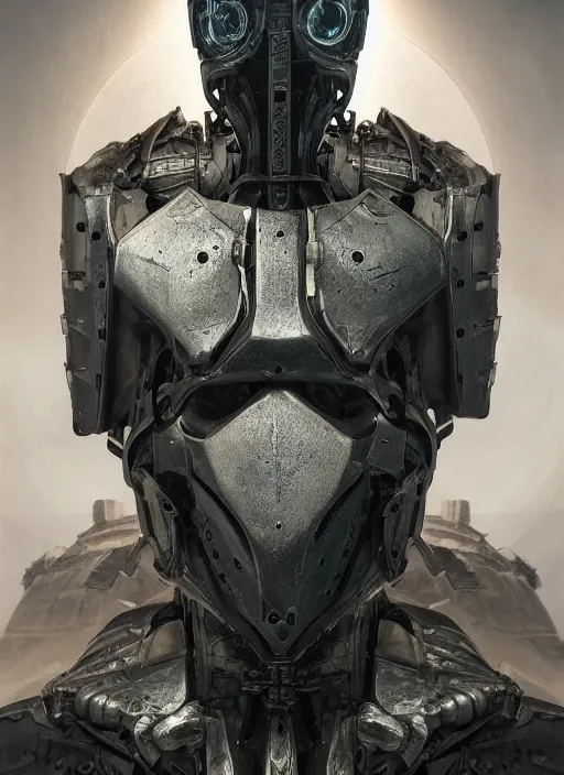 Image similar to portrait of a futuristic silver armored knight district 9 cyborg, in the style of annihilation with eyes made from fusion reactors, modern fine art, fractal, intricate, elegant, highly detailed, digital photography, subsurface scattering, by jheronimus bosch and greg rutkowski,