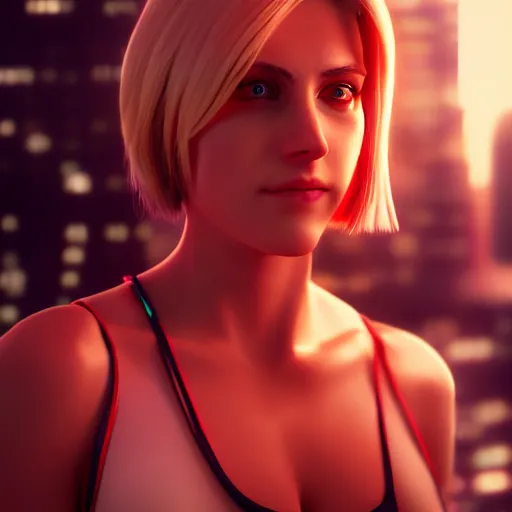 Image similar to Annie Leonhart in a neon city, octane render 8k, photorealistic render, atmospheric render, beautiful face, cute, love tension, realistic skin