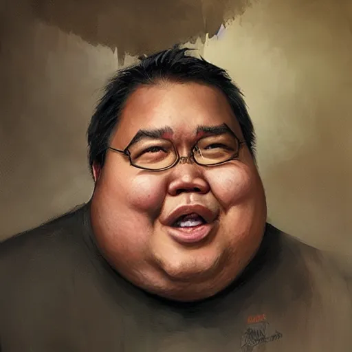 Image similar to hyper realistic, portrait of filipino dwight shrute, extremely obese painted by greg rutkowski, wlop, loish,