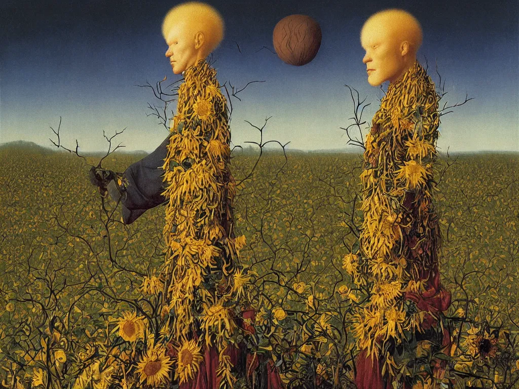 Prompt: Portrait of albino mystic, with wild exotic thorns, with burning sunflower field in the distance. Night. Painting by Jan van Eyck, Audubon, Rene Magritte, Agnes Pelton, Max Ernst, Walton Ford