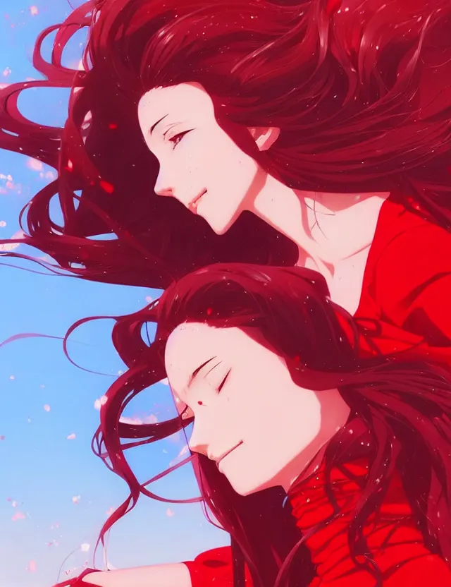 Prompt: a ultradetailed beautiful panting of rin tohsaka with flowing hair, 1 / 4 portrait, by conrad roset, greg rutkowski and makoto shinkai, rin, red dress, fate, trending on artstation