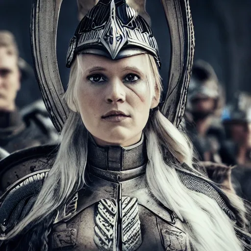 Image similar to Portrait of a Valkyrie and her soldiers, high detail, serious, masterpiece, 4k resolution, cinematic, trending, outstanding,