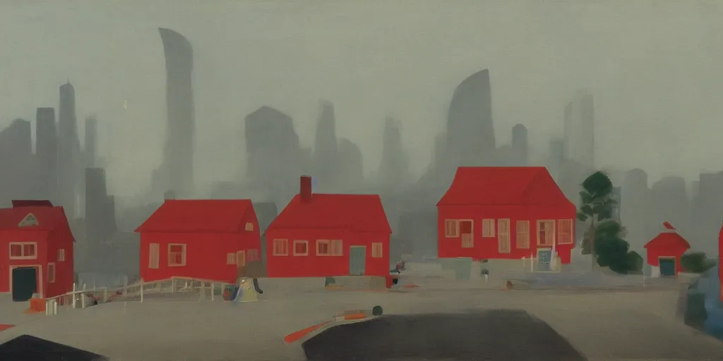 Prompt: In the foreground is a small red house, and in the background is the smoky Shanghai City, George Ault painting style.