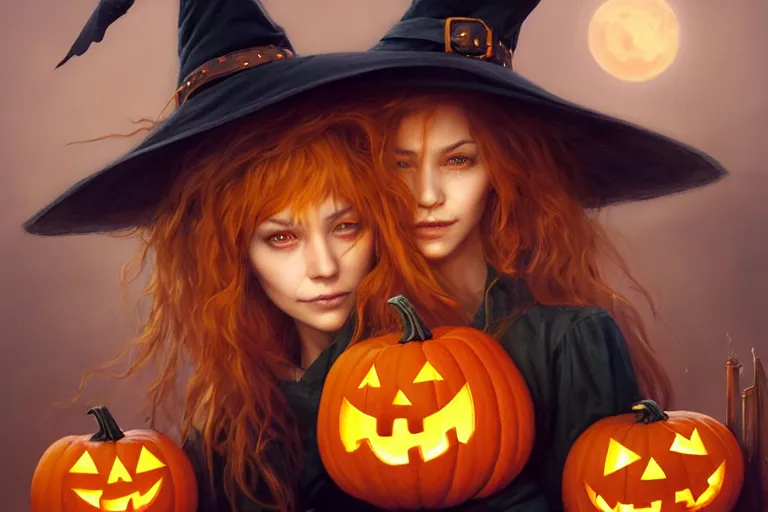 Image similar to portrait of a scarecrow with a jack - o - lantern head and a witch hat, halloween night, charlie bowater, artgerm, ilya kuvshinov, krenz cushart, ruan jia, realism, ultra detailed, 8 k resolution