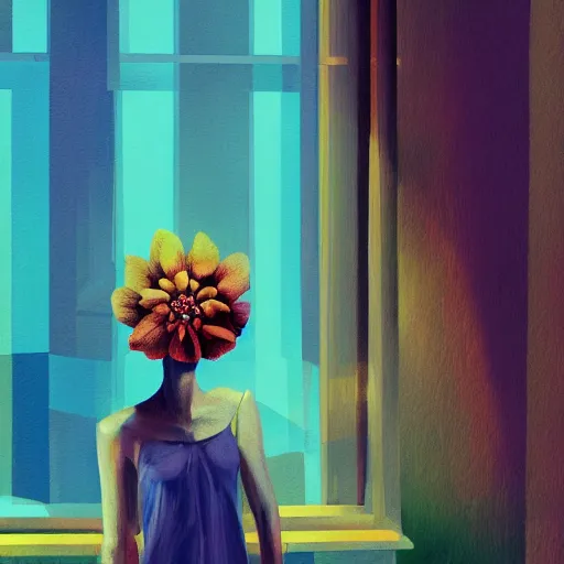 Image similar to closeup, giant flower head, woman next to modern windows, luxury apartment, surreal photography, dramatic light, impressionist painting, digital painting, artstation, james gilleard