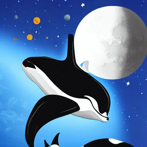 Prompt: Shamu the orca killer whale jumping over the moon. space, stars, planets. SeaWorld, ccean life, marine life. Trending on artstation