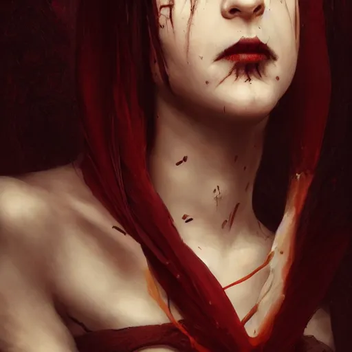 Prompt: portrait of a vampire woman, sad, cry, gloomy, blood, fire, intricate, elegant, highly detailed, digital painting, artstation, concept art, matte, sharp focus, illustration, octane render, unreal engine, art by aenaluck and roberto ferri and greg rutkowski, epic fantasy, digital painting