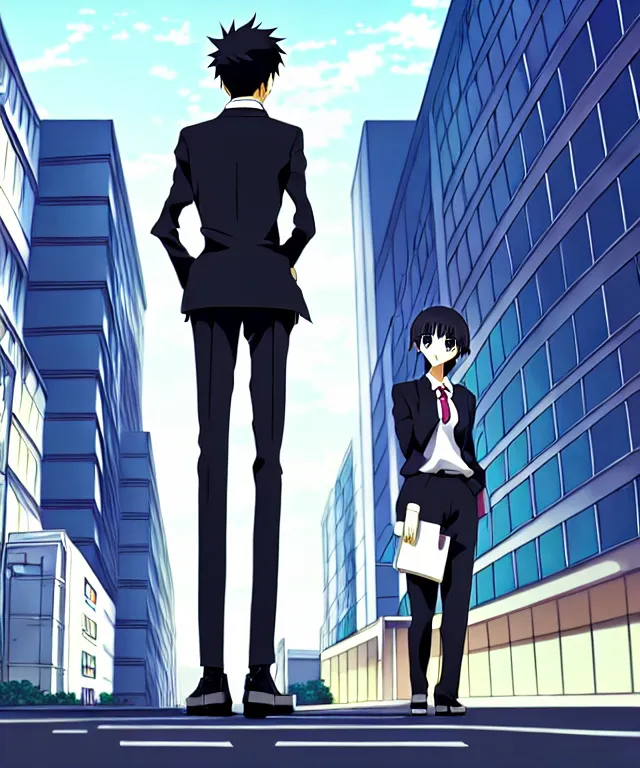 Prompt: A anime about a short-haired office solo worker standing on the sidewalk. Sharp high quality anime cover, fine details, straight lines, perfect faces, architecture in the background, masterpiece, shadows, art, highly detailed