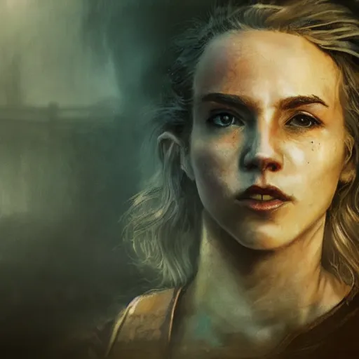 Image similar to fallout 5, charismatic beautiful rugged blonde female protagonist, portrait, outdoors ruined cityscape, atmospheric lighting, painted, intricate, volumetric lighting, beautiful, foggy, daytime, slight overcast weather, sharp focus, deep colours, ultra detailed, by leesha hannigan, ross tran, thierry doizon, kai carpenter, ignacio fernandez rios