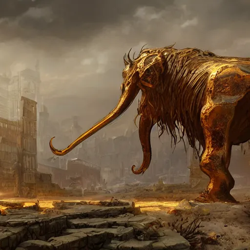 Image similar to golden mammoth in a ruined city, stylized, artstation, hd, cgsociety, cgi, realistic, dramatic, cinematic, artistic, trending, detailed