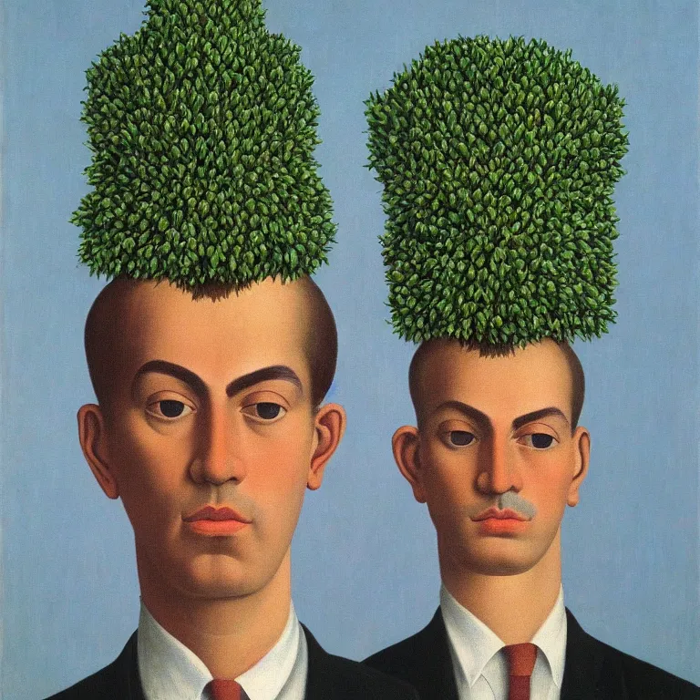 Image similar to portrait of a flower - head man by rene magritte, detailed painting, distance, centered, hd, hq, high resolution, high detail, 4 k, 8 k