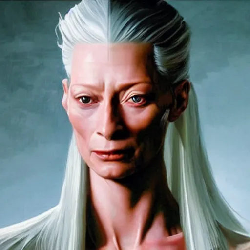 Image similar to ultra realistic portrait painting of tilda swinton as geralt of rivia, art by frank frazetta, 4 k, ultra realistic, highly detailed, epic lighting