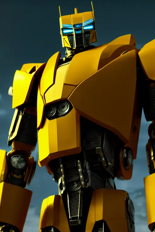 Prompt: a cinematic still from film transformers series, yellow mech, humanoid servo, octane render, nvidia raytracing demo, masterpiece, aged armor plating, aggressive head,