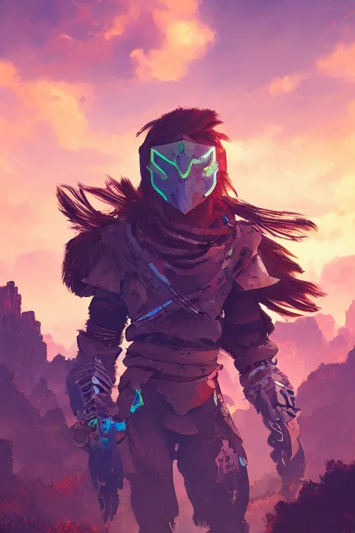 Image similar to combination suit armor aloy horizon forbidden west horizon zero dawn radiating a glowing aura global illumination ray tracing hdr fanart arstation by ian pesty and alena aenami artworks in 4 k tribal robot ninja mask helmet backpack