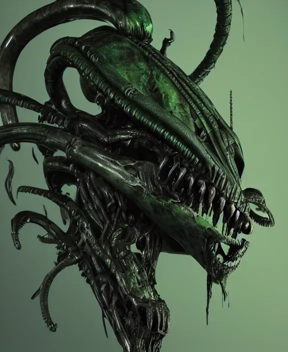 Image similar to xenomorph queen goth model skull eyes hybrid, dragon eggs, dark emerald mist colors, giger background liminal void, cinematic lighting, realistic, award winning photograph, various refining methods, micro macro autofocus