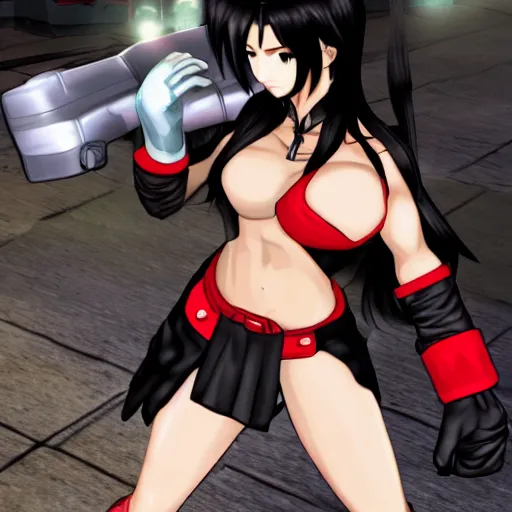 Prompt: tifa fight with a genshin impact charater.