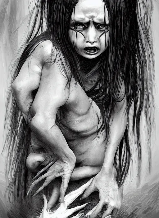 Prompt: digital _ painting _ of _ the grudge horror black and white _ by _ filipe _ pagliuso _ and _ justin _ gerard _ symmetric _ fantasy _ highly _ detailed _ realistic _ intricate _ port