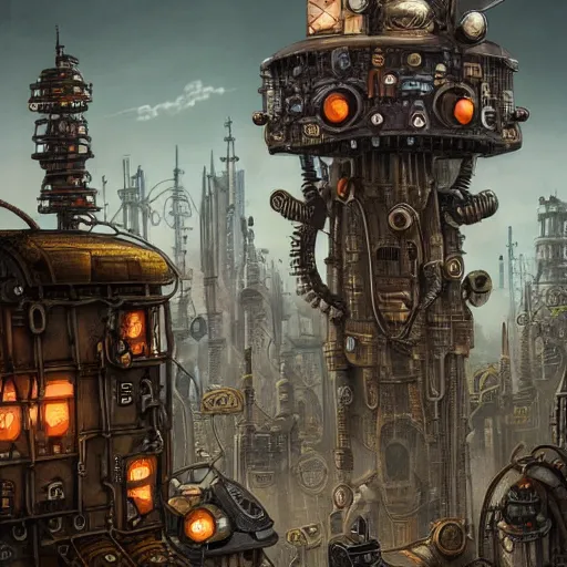 Image similar to robot city, steampunk art, fantasy style, super high detail, super high quality, talented artist, trending on artstation, machinarium