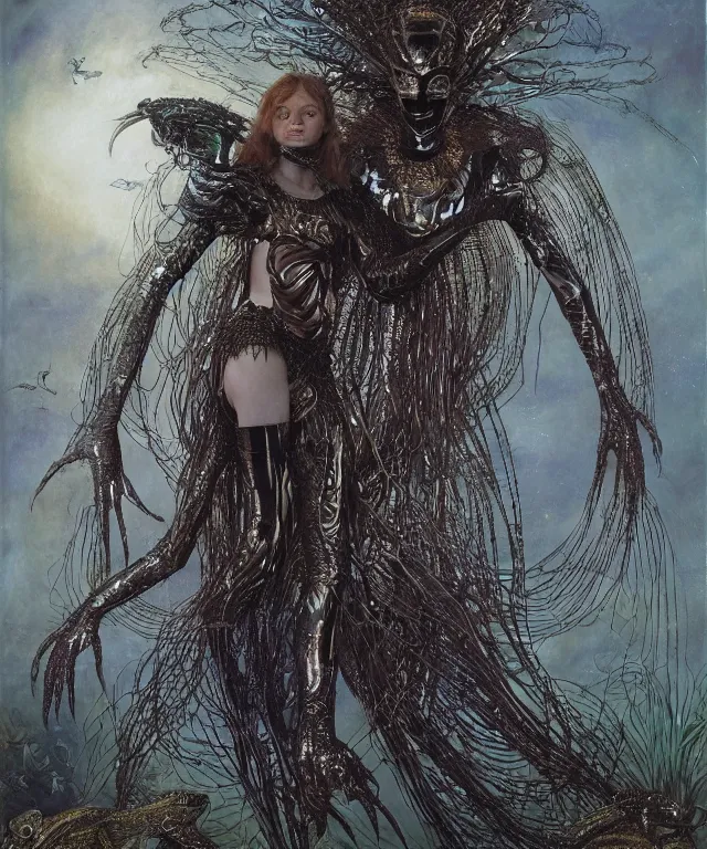 Prompt: a portrait photograph of a fierce sadie sink as a strong alien harpy queen with amphibian skin. she is dressed in a black lace shiny metal slimy organic membrane armor and transforming into an evil insectoid snake bird. by donato giancola, walton ford, ernst haeckel, peter mohrbacher, hr giger. 8 k, cgsociety