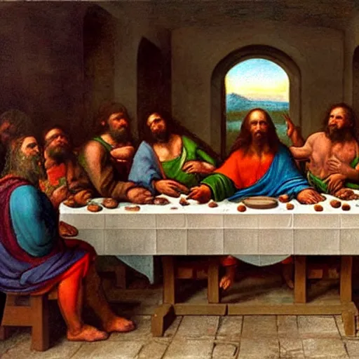 Image similar to neanderthals enacting the last supper by leonardo da vinci, jesus in the middle