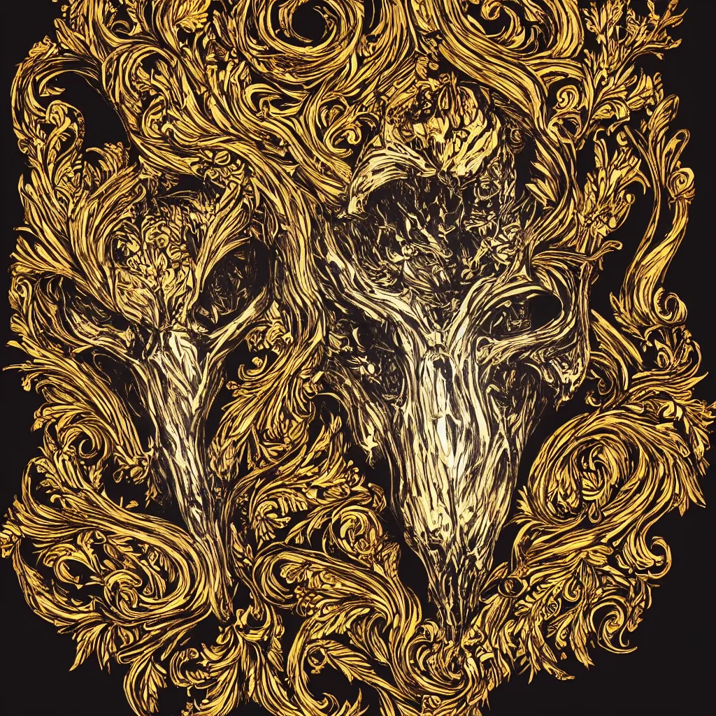 Image similar to photo of wolf skull on bones, dramatic lighting, circural, golden ornaments, symmetric, intricate skeletal decorations, symmetry, highly detailed, concept art, black, glimpse of red, white, gold layers, centered, style of nekroxiii, hyperrealistic, black background, smoke