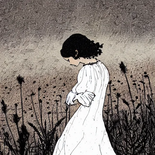 Image similar to The illustration depicts a woman standing in a field of ashes, her dress billowing in the wind. Her hair is wild and her eyes are closed, and she seems to be in a trance-like state. The illustration is dark and atmospheric, and the ashes in the field seem to be almost alive, swirling around. by Charles Vess hyperdetailed