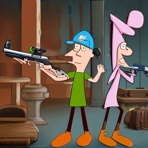 Image similar to phineas and ferb in a gun armory digital illustration render 4 k trending on artstation unreal engine